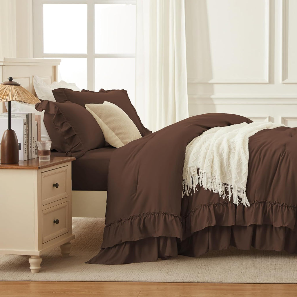 Andency Brown Twin Size Ruffle Comforter Set, 2 Pieces