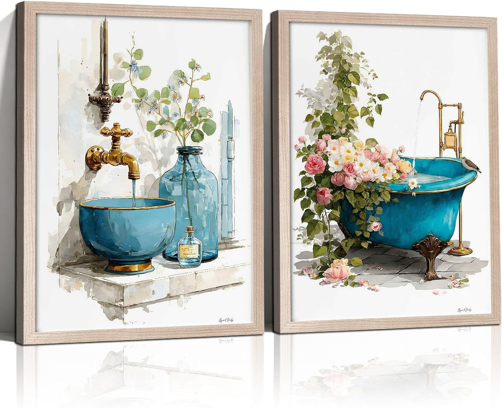 Vintage Bathroom Wall Art Canvas Print Framed Floral Poster Decor 12x16Inch