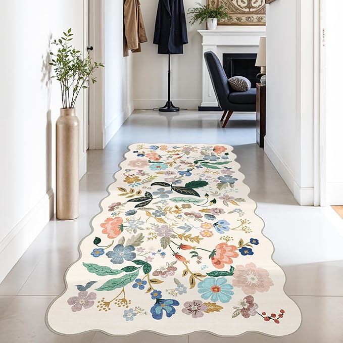 Washable 3x6 Hallway Runner Rug: Floral Scalloped Soft Runners - Image 3