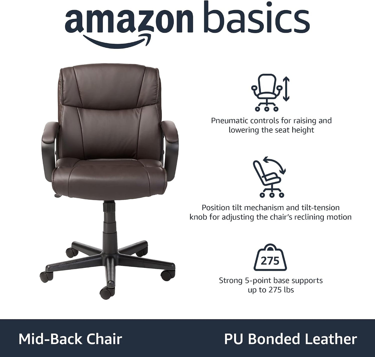 Amazon Basics Office Task Chair with Adjustable Height, 360° Swivel, Padded Armrests, Mid-Back, Rolling, 275 Pound Capacity, 24"D x 24.2"W x 34.8"H, BIFMA Certified, Dark Brown Faux Leather
