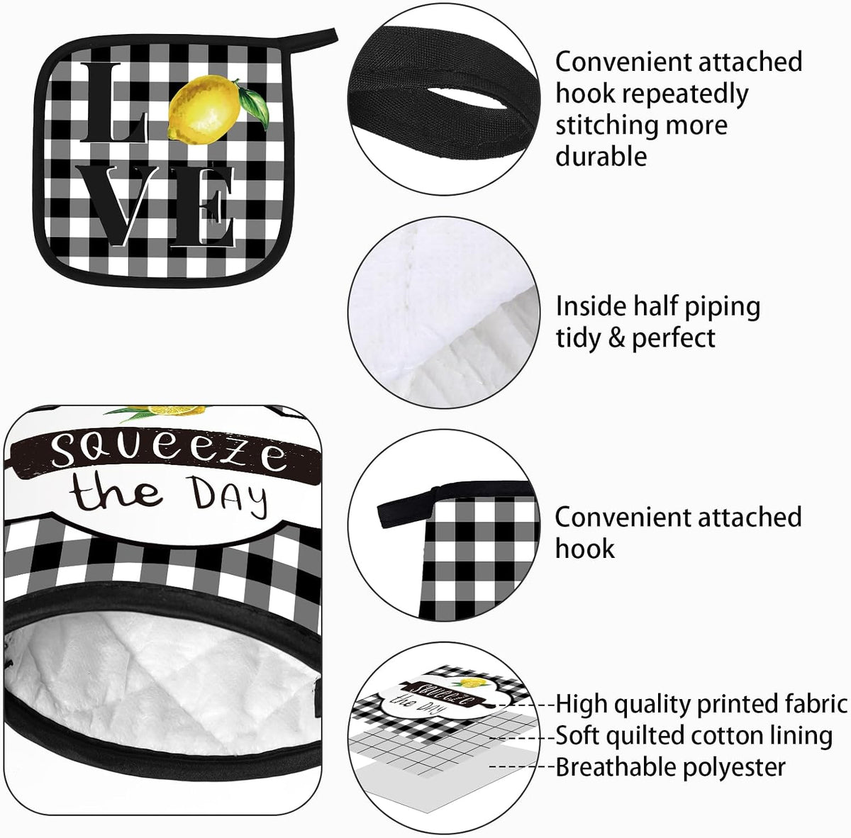5 Pcs Buffalo Plaid Kitchen Towels Oven Mitts and Pot Holder Set,Lemon