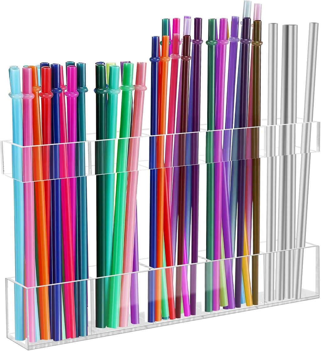 Malldii 9.5" Large Acrylic Straw Holder for Cabinet Door - Adjustable Reusable Straw Organizer Storage, Small Kitchen Accessories Container, Ultra Sticky Cupboard Door Mounted (Transparent)
