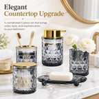 5 Piece Glass Bathroom Accessories Set, Black & Gold Vanity Countertop Set