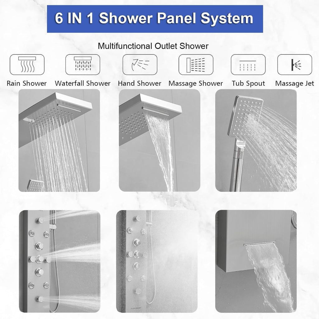 6 IN 1 Shower Panel Tower System Stainless Steel Wall Mounted
