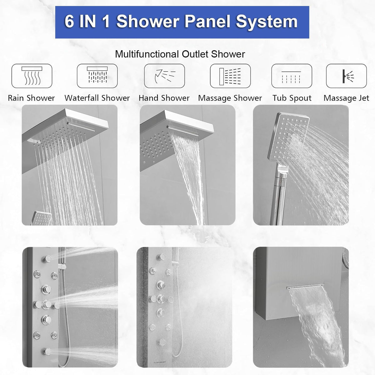 6 IN 1 Shower Panel Tower System Stainless Steel Wall Mounted