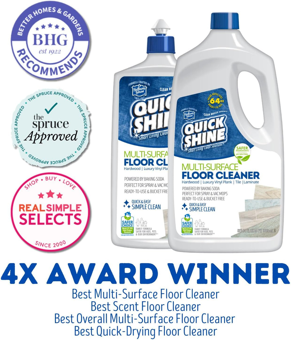 Quick Shine Multi Surface Floor Cleaner 64oz, Ready to Use-Streak Free-No Rinse, Use on Hardwood, Laminate, Luxury Vinyl Plank & Stone, Use in Spray Mops & Vac Mops, Safer Choice Cleaner