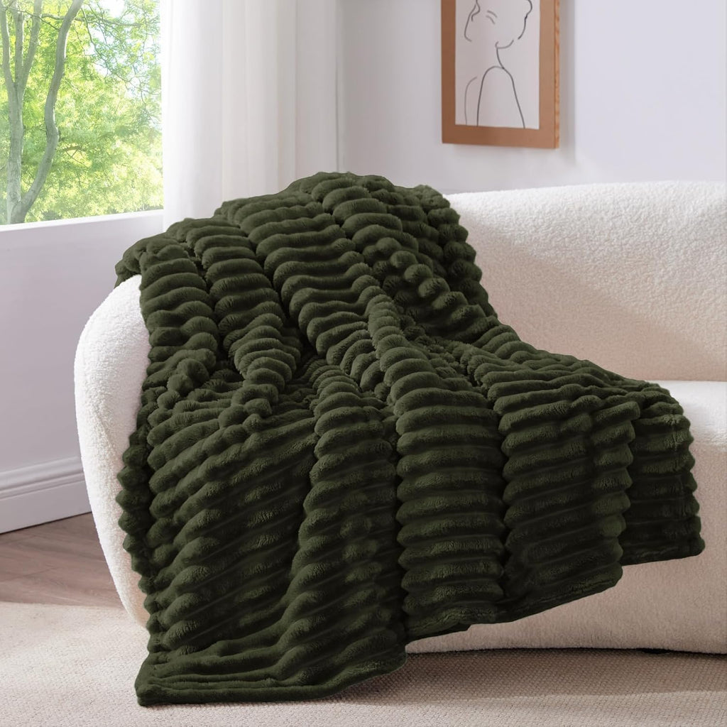 BEDELITE Ribbed Olive Green Throw Blanket for Couch, 50"x60"