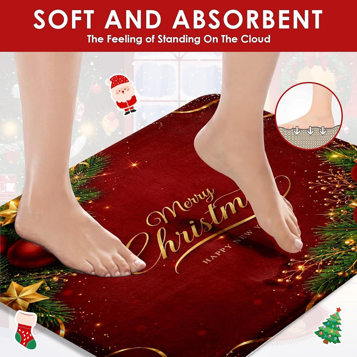 ArtSocket Christmas Bathroom Sets with Shower Curtain and Rugs, Red Gold