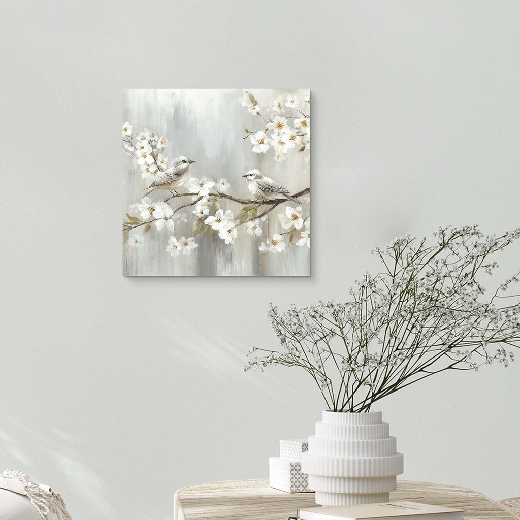 TAR TAR STUDIO White Flowers & Birds Canvas Wall Art - Unframed Nature Decor for Bedroom, Living Room, Office - 12"x12"