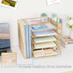 5-Tier Desk File Organizer with Drawer & Pen Holder (Gold)