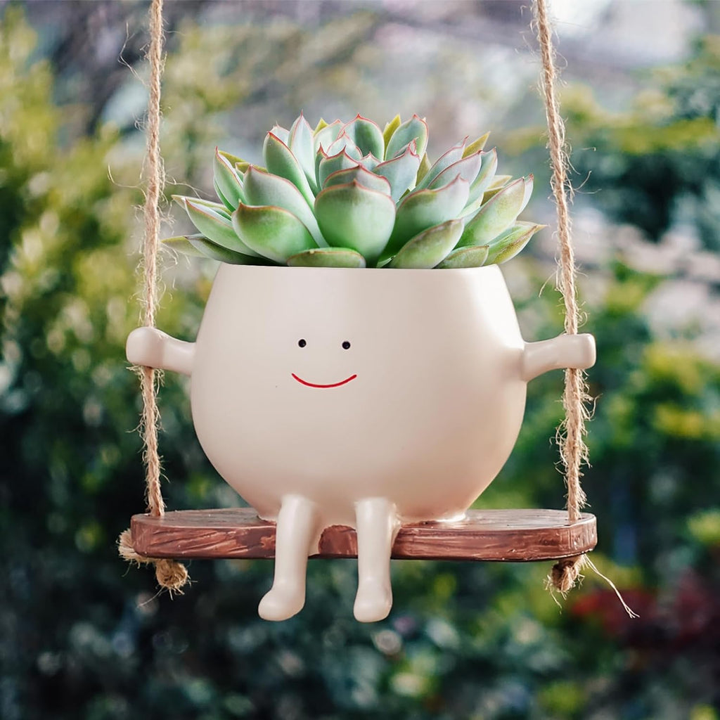 2 PCS Swinging Face Plant Pots 【Thicken Version】 Unique Cute Hanging Succulent Cactus Flower Head Resin Planters Pots for Indoor & Outdoor, Creative Novelty Decorative Planter Gift for Home Garden