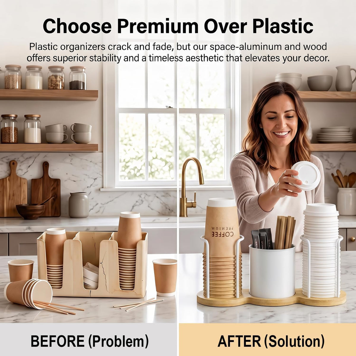 Coffee Station Organizer with Straw & Stirrer Storage Caddy for Cups Lids - Cup Mouth Dia 3.9", Disposable Paper Cup Holder Coffee and Tea Station Organizer for Coffee Bar, Office, Home Kitchen, White