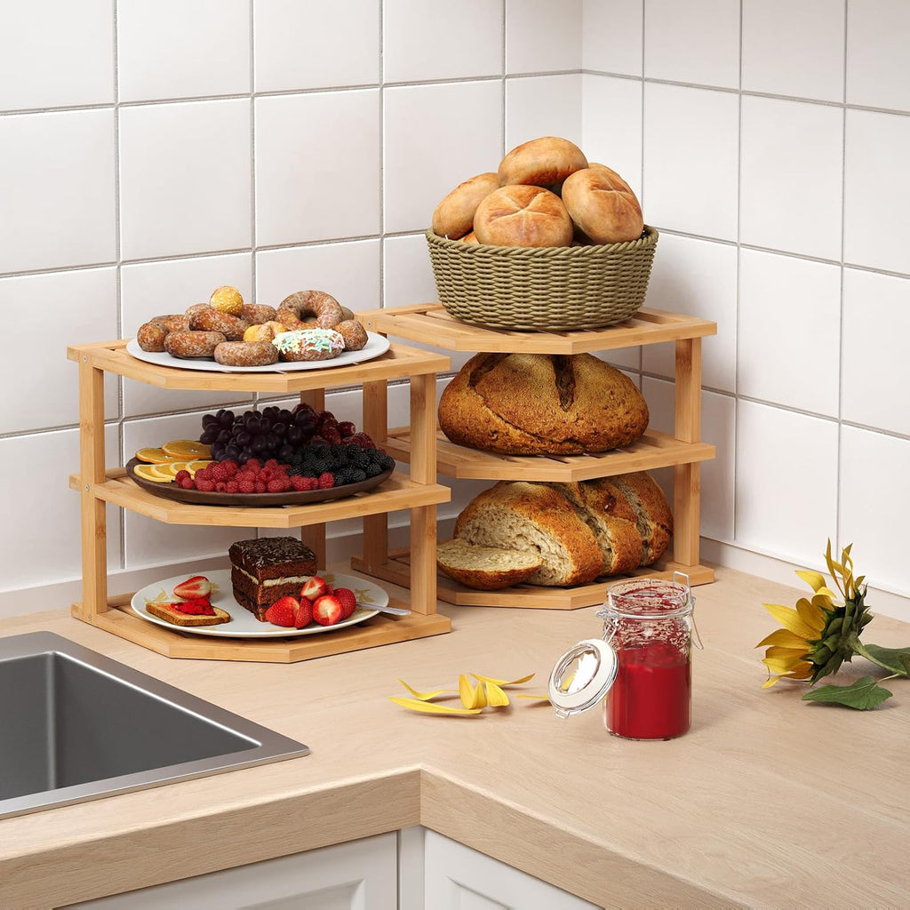 VERTORGAN 3 Tier Bamboo Dish Drying Rack,Corner Shelf 2 Pack(Natural)