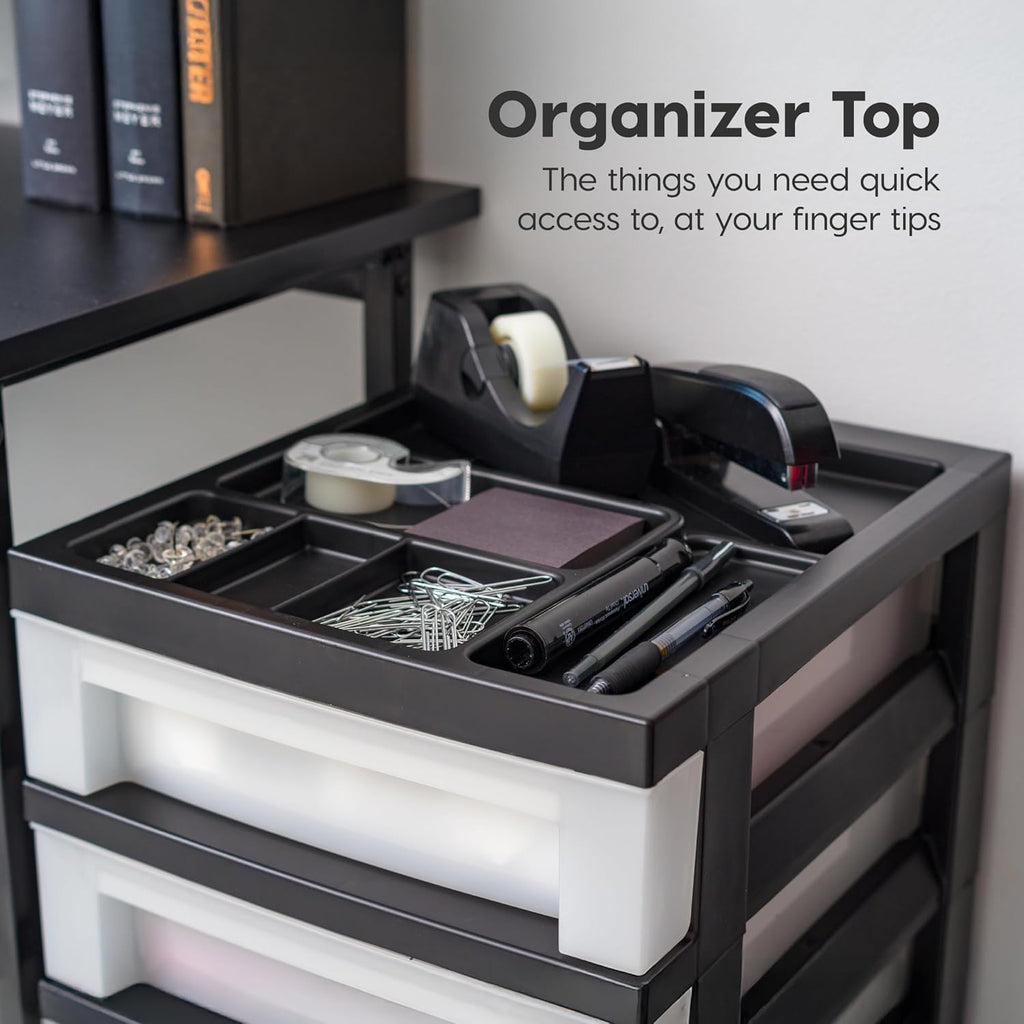 IRIS USA 6-Drawer Rolling Storage Cart with Organizer Top, Black/Pearl