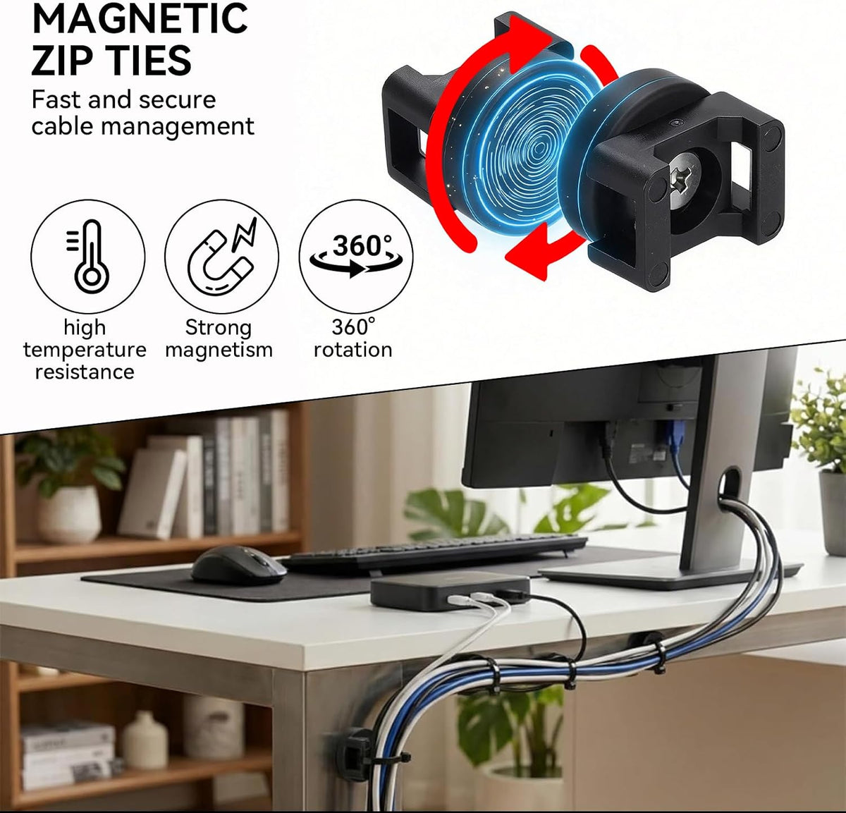225 PCS Magnetic Cable Ties Set, 22mm Magnetic Zip Tie Mount with 200Pcs Cable Ties, 25 Magnetic Cable Holders & 200 Zip Ties for Cables, Wires, Cords, Hoses