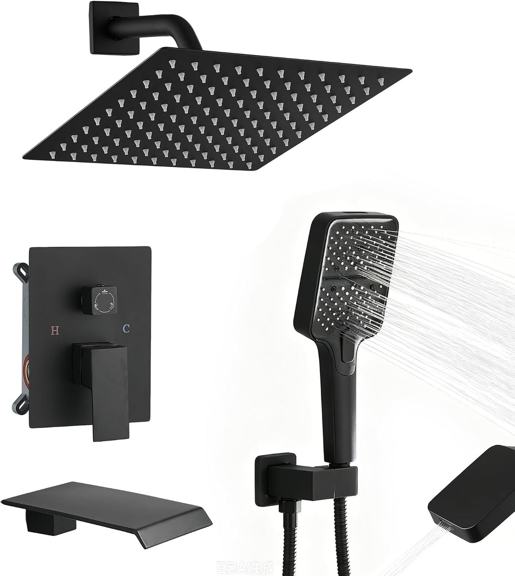 Wall Mount 3-Function Tub Shower Faucet Set, Matte Black