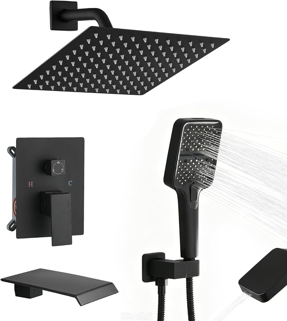 Wall Mount 3-Function Tub Shower Faucet Set, Matte Black