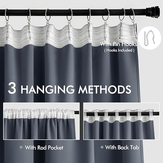 MIULEE Stone Blue Back Tab Blackout Curtain 96 Inch Long 2 Panels Set - Image 3