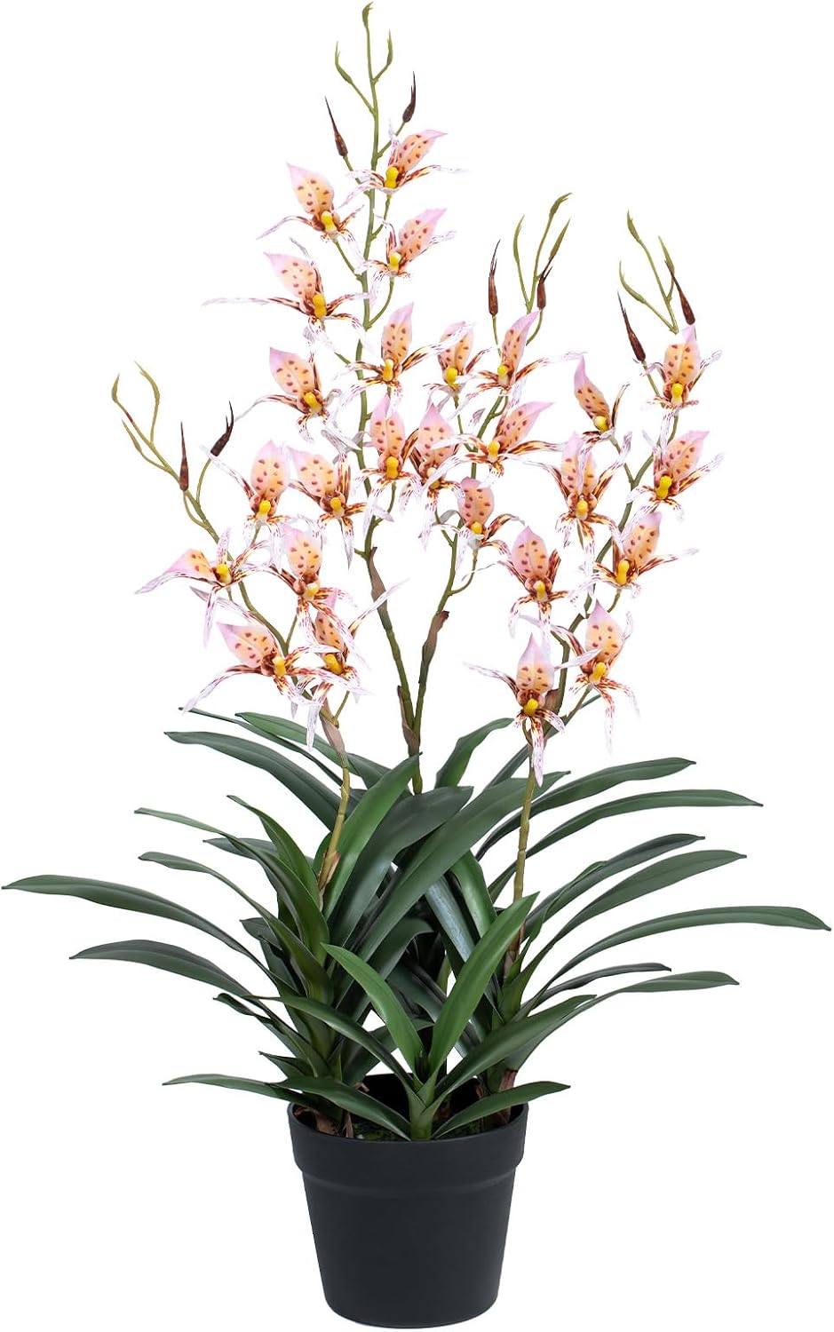 Artificial Dendrobium Orchid with Black Pot, Orange-Red Fake Orchid, Fake Plants for Dining Room, Farmhouse & Fall Harvest Decor, Set of 1