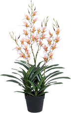 Artificial Dendrobium Orchid with Black Pot, Orange-Red Fake Orchid, Fake Plants for Dining Room, Farmhouse & Fall Harvest Decor, Set of 1