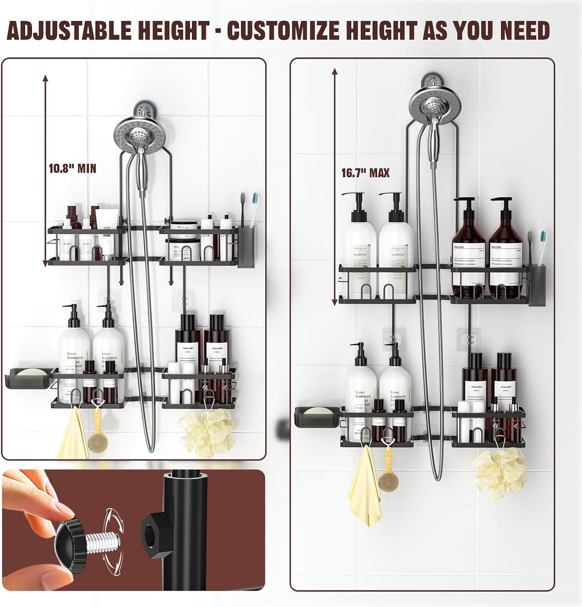 Adjustable Shower Caddy Hanging for Handheld Showerheads, Black