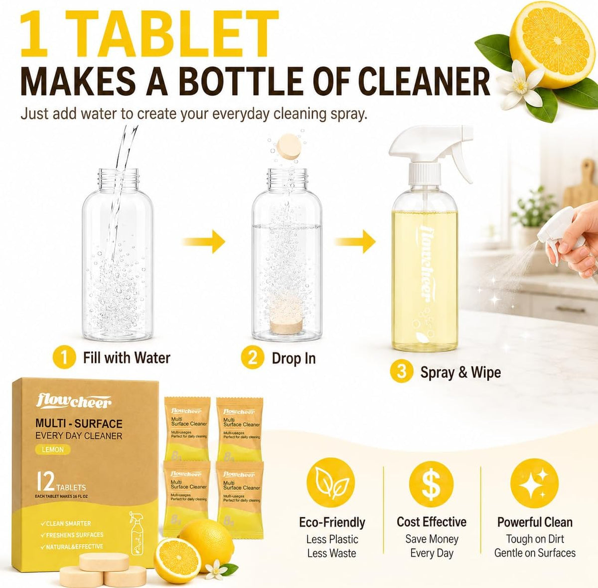 flowcheer Multi Surface Cleaner Refills -12 Pack(Lemon)