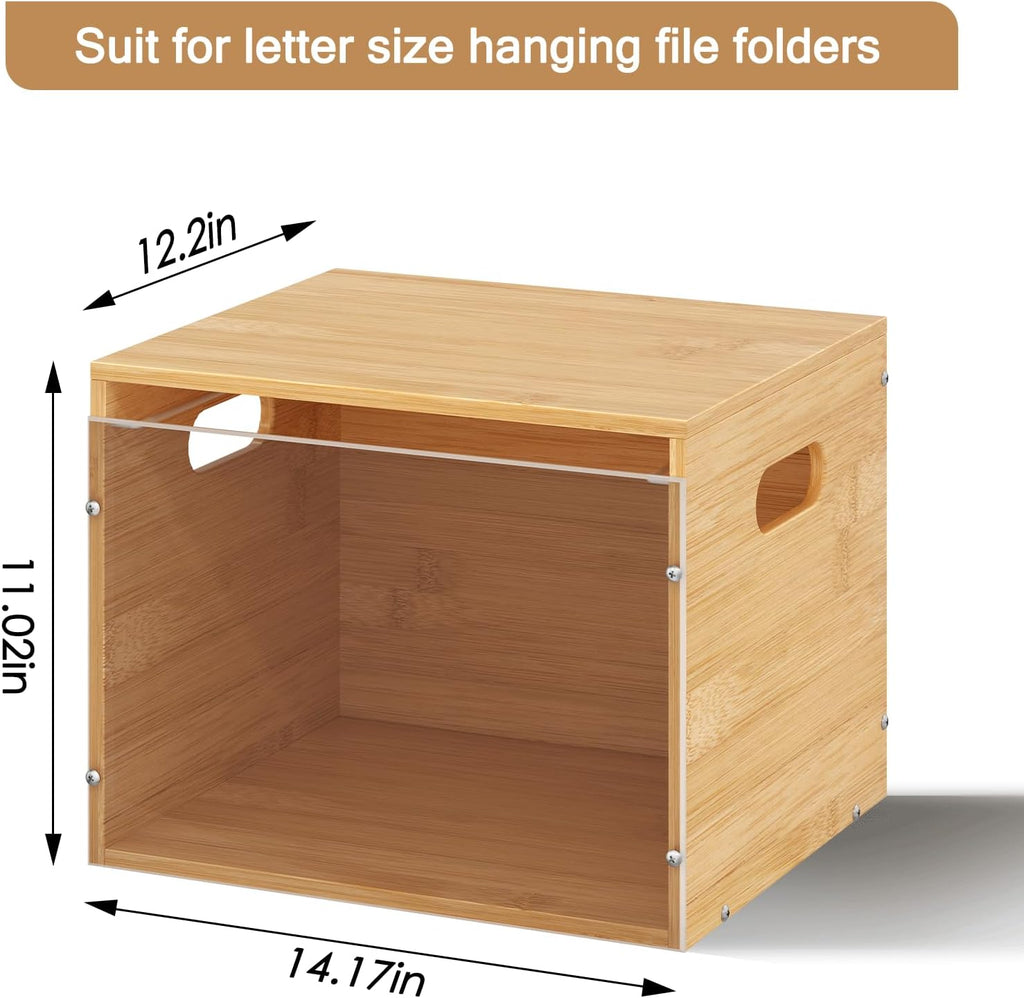 Acrylic File Organizer with Lid, Bamboo File Box with Handle, Hanging File Folder Organizer, Portable Filing Organizer File Crate Storage Box for Home Office Classroom, Letter Size