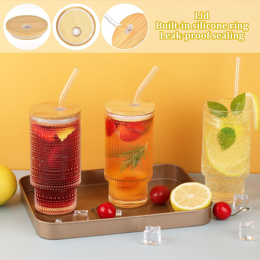 Glass Cups Set with Straw/Bamboo Lid, 12 oz Stackable Serving Drinking Glasses, Ideal for Whiskey/Cocktails/Juice/Coffee/Beer, Dishwasher Safe, 3 Patterns of Vintage Glassware Sets (6 Pcs)