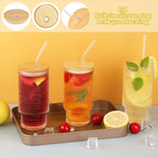 Glass Cups Set with Straw/Bamboo Lid, 12 oz Stackable Serving Drinking Glasses, Ideal for Whiskey/Cocktails/Juice/Coffee/Beer, Dishwasher Safe, 3 Patterns of Vintage Glassware Sets (6 Pcs)