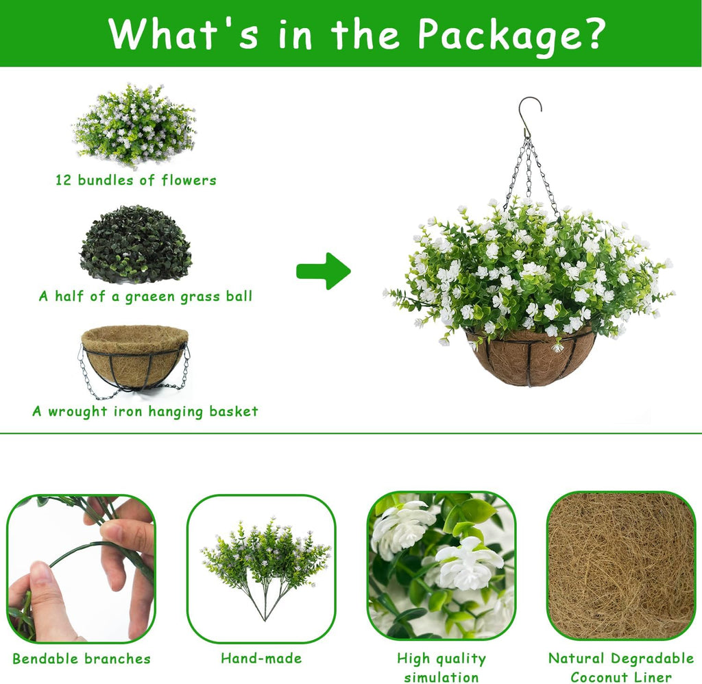 White Artificial Flowers for Hanging Baskets Outdoor, Faux Plant Decor