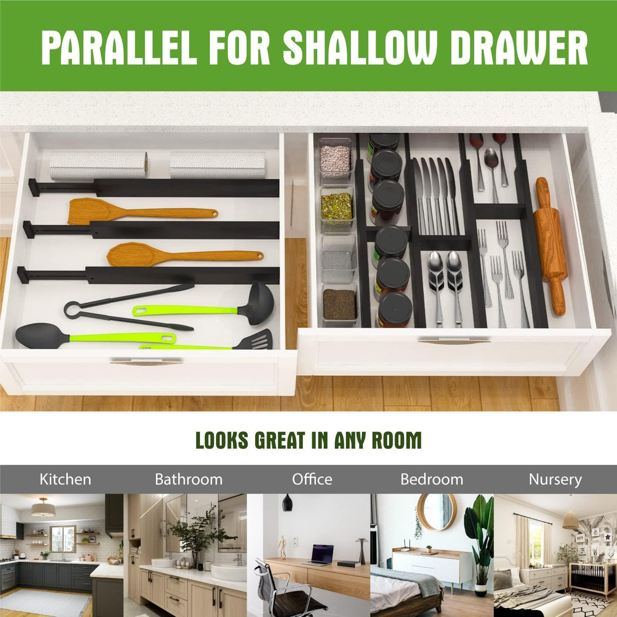 Bamboo Drawer Dividers Organizers, Expandable Drawer Separators Splitter,17-22 inches Long Adjustable Spring-loaded Organizer for Large Utensil, Clothes, Tools Drawers (Black)