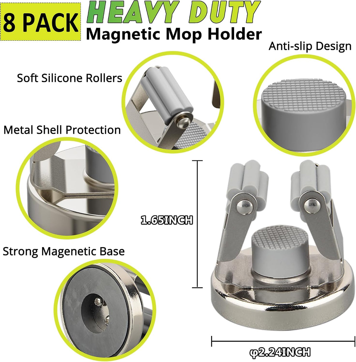 ULIBERMAGNET Magnetic Mop Broom Holder,Heavy Duty Movable Magnetic Tools Holder,Anti-Slip Magnet Mounted Utility Storage Mop Shovel Hanger for Garage, Kitchen, Laundry, Garden(8 Pack/Silver)
