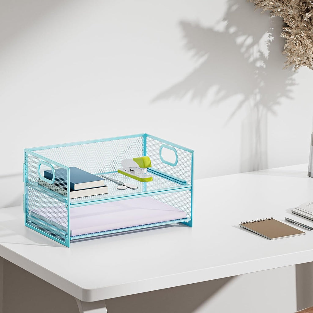 Marbrasse 2 Tier Paper Organizer Letter Tray, Mesh File Organizer with Handle, Paper Sorter Desk Organizer for Home Office Supplies - 2P Blue