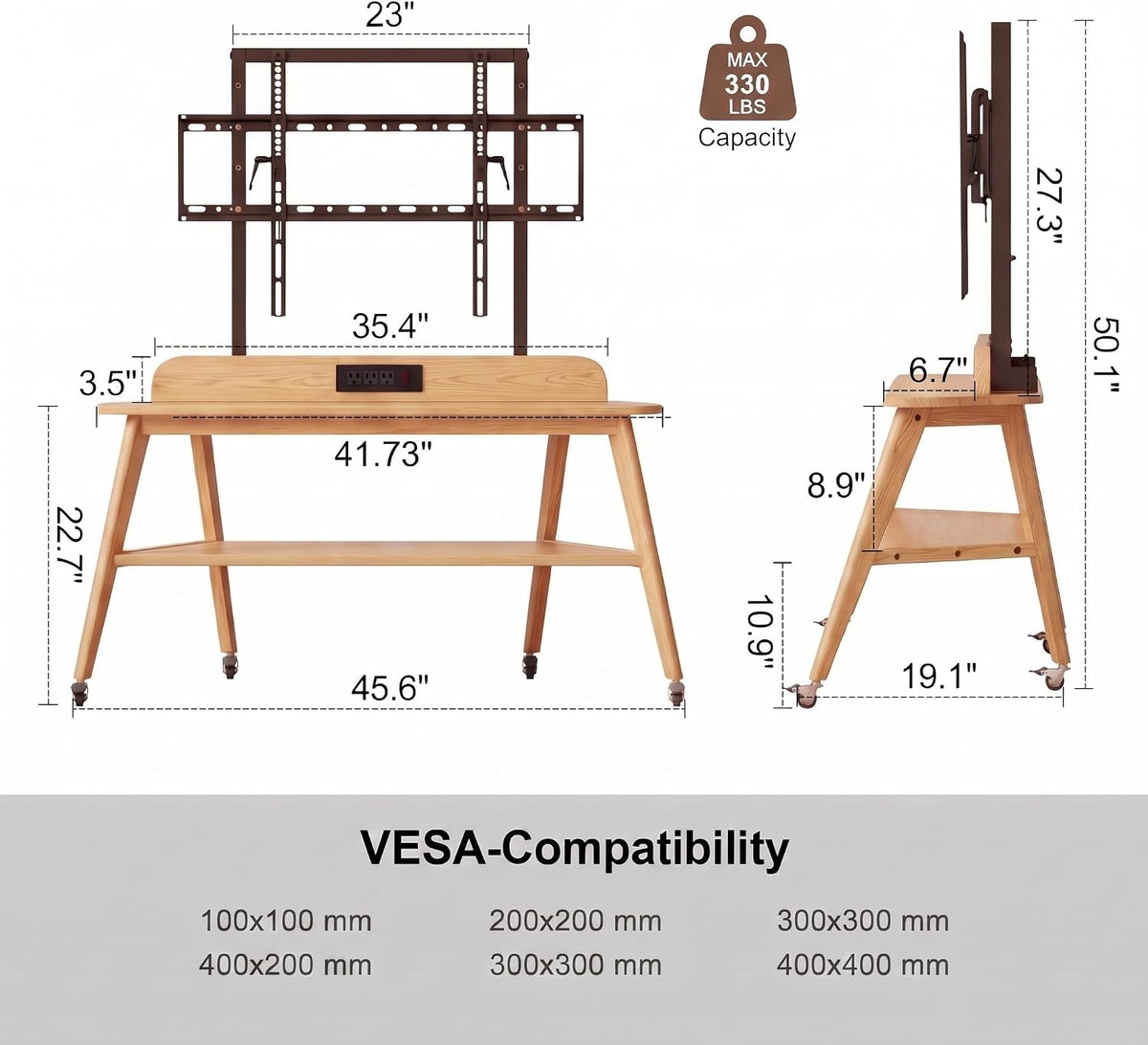 Solid Wood Rolling TV Stand with Power Outlet, Mobile TV Stand