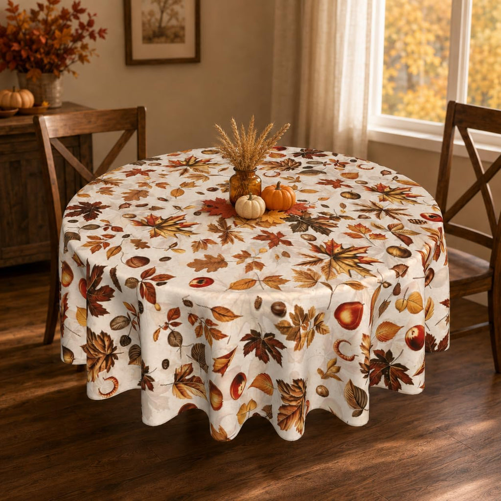 Fall Round Tablecloth 60 Inch Fruit Maple Leaves Table Cloth Thanksgiving Harvest Table Decorations Autumn Table Cover for Holiday Kitchen Dining Party Season Decor