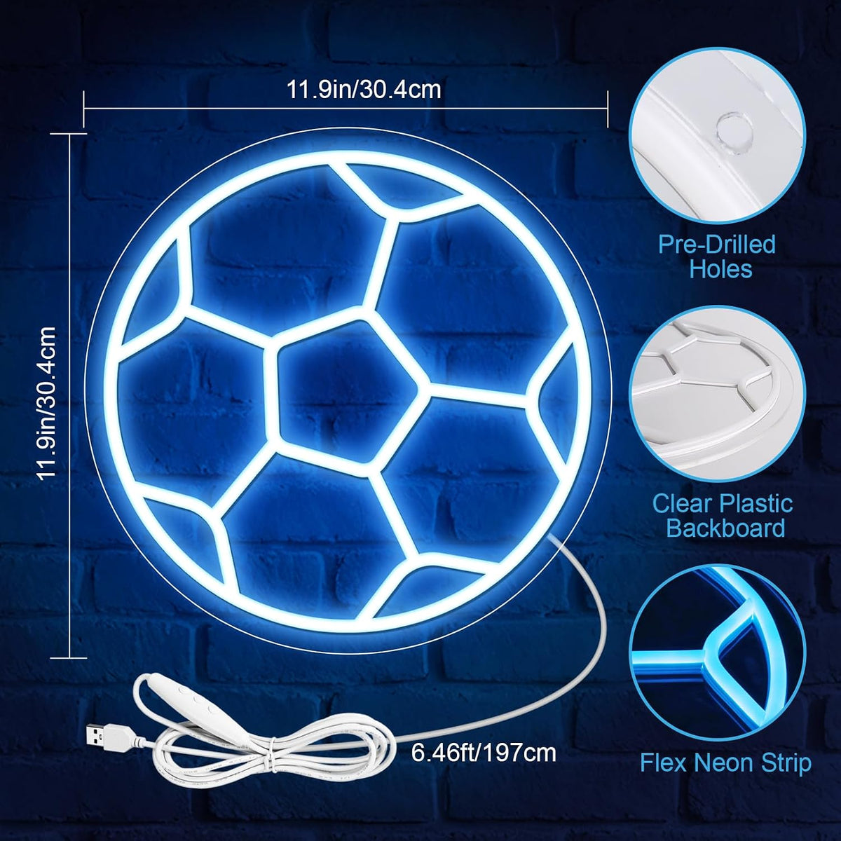 Soccer Neon Sign for Wall Decor, Dimmable Soccer LED Sign with USB Powered ON/OFF Switch, 12 x 12 In Football Neon Light for Boys Bedroom, Game Room, Living Room, Club, Soccer Gifts for Kids Teens