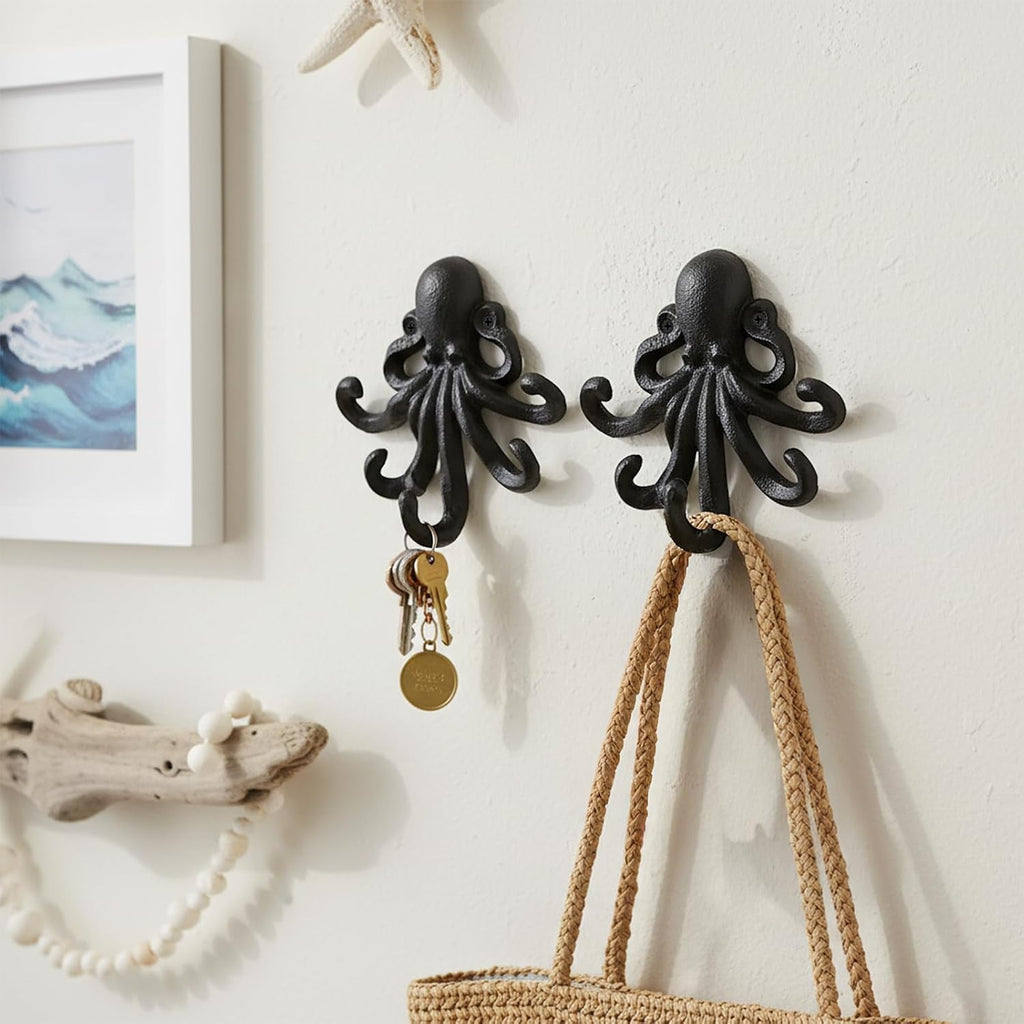 Dicunoy 2 Pack Heavy Duty Octopus Hooks, Cast Iron Wall Mounted Key Holder, Nautical Towel Hook Decorative Coat Hangers with Screw for Bags Purses Scarves Home Decor, 6" H