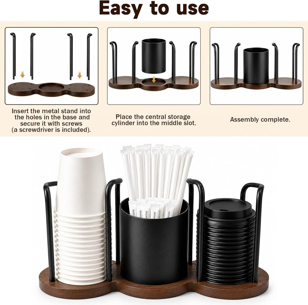 3 in 1 Cup Dispenser, Disposable Cup & Lid Holder Organizer for Countertop
