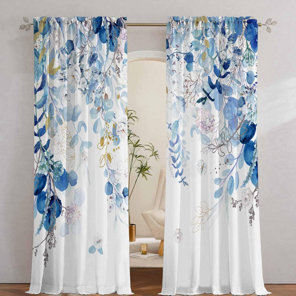 Blue Eucalyptus Curtains for Living Room 84" Length Watercolor Leaf Plant Spring Summer Blue and White Semi-Sheer Curtains for Bedroom Kitchen Windows,Botanical Nature Light Blue Gold Curtain, 2 Pack