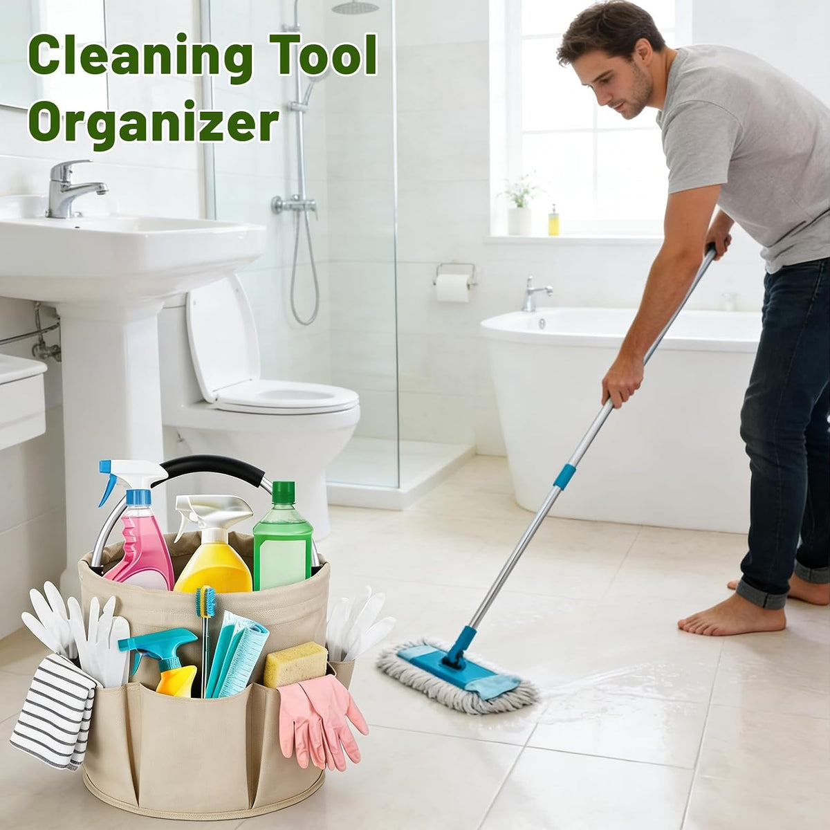 17L Foldable Cleaning Caddy with Handle，Cleaning Products Organiser (Beige)