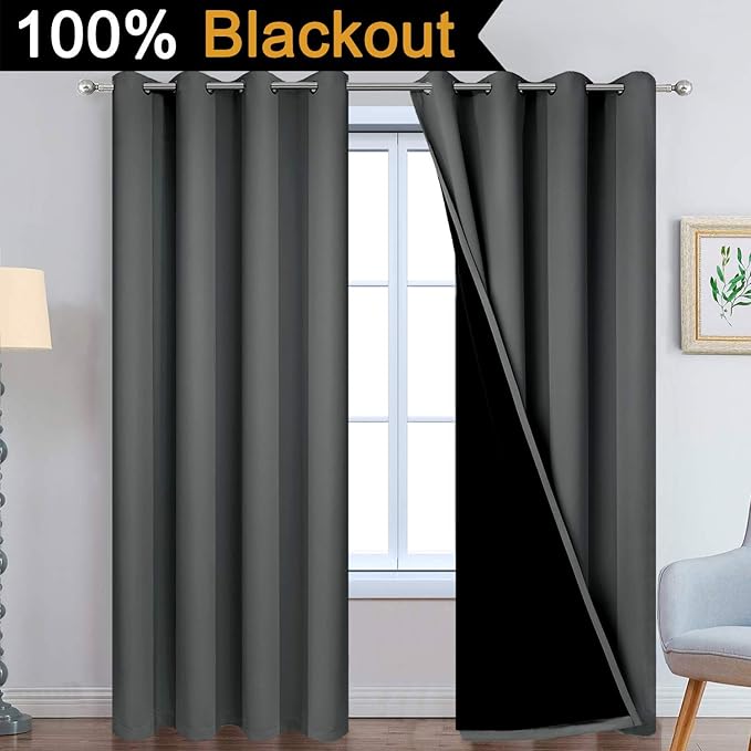 Yakamok 100% Dark Gray Blackout Window Curtain Panels Full Light Blocking Drapes - Image 2