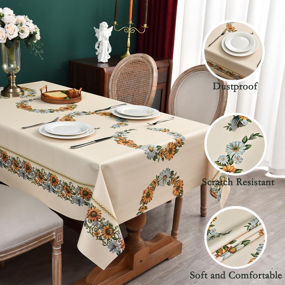Zobesta Beige Vinyl Tablecloth Rectangular 86x55 PVC Sunflower Plastic