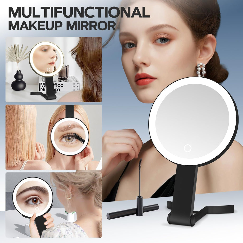 MIYADIVA Lighted Makeup Mirror, 30X Magnifying Mirror with Light, Hanging and Handheld Mirror with Handle,Black