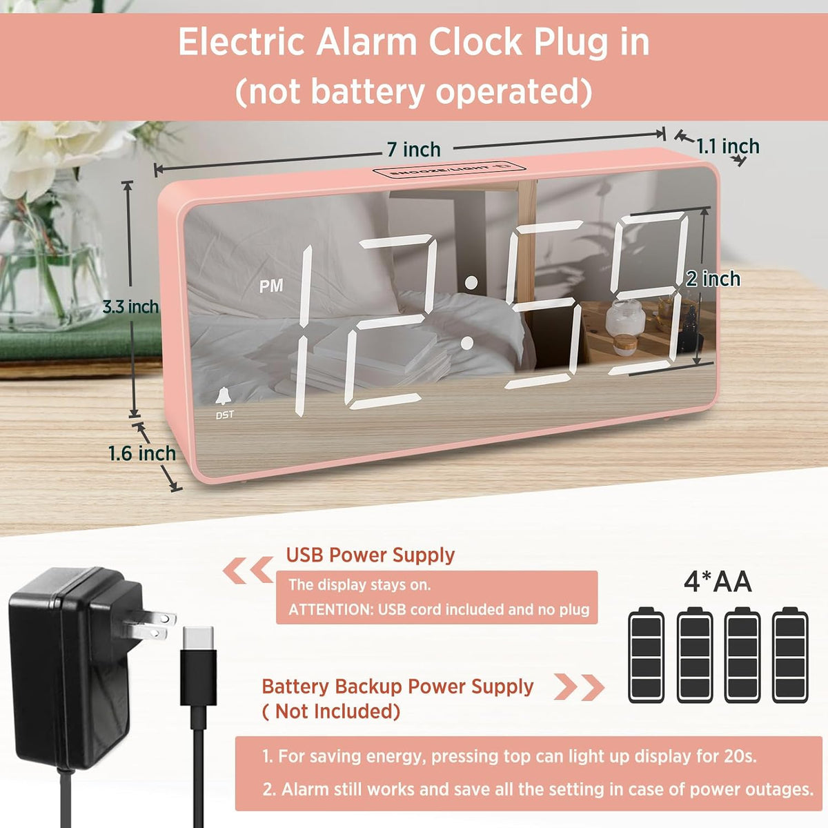 Peakeep Digital Alarm Clock for Bedroom Bedside, Large Display 5 Dimmers