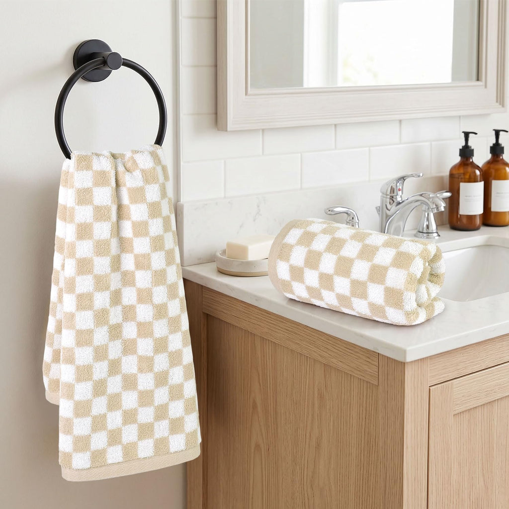 Jacquotha Beige Checkered Hand Towels - Set of 4, Cotton, 13"x29"