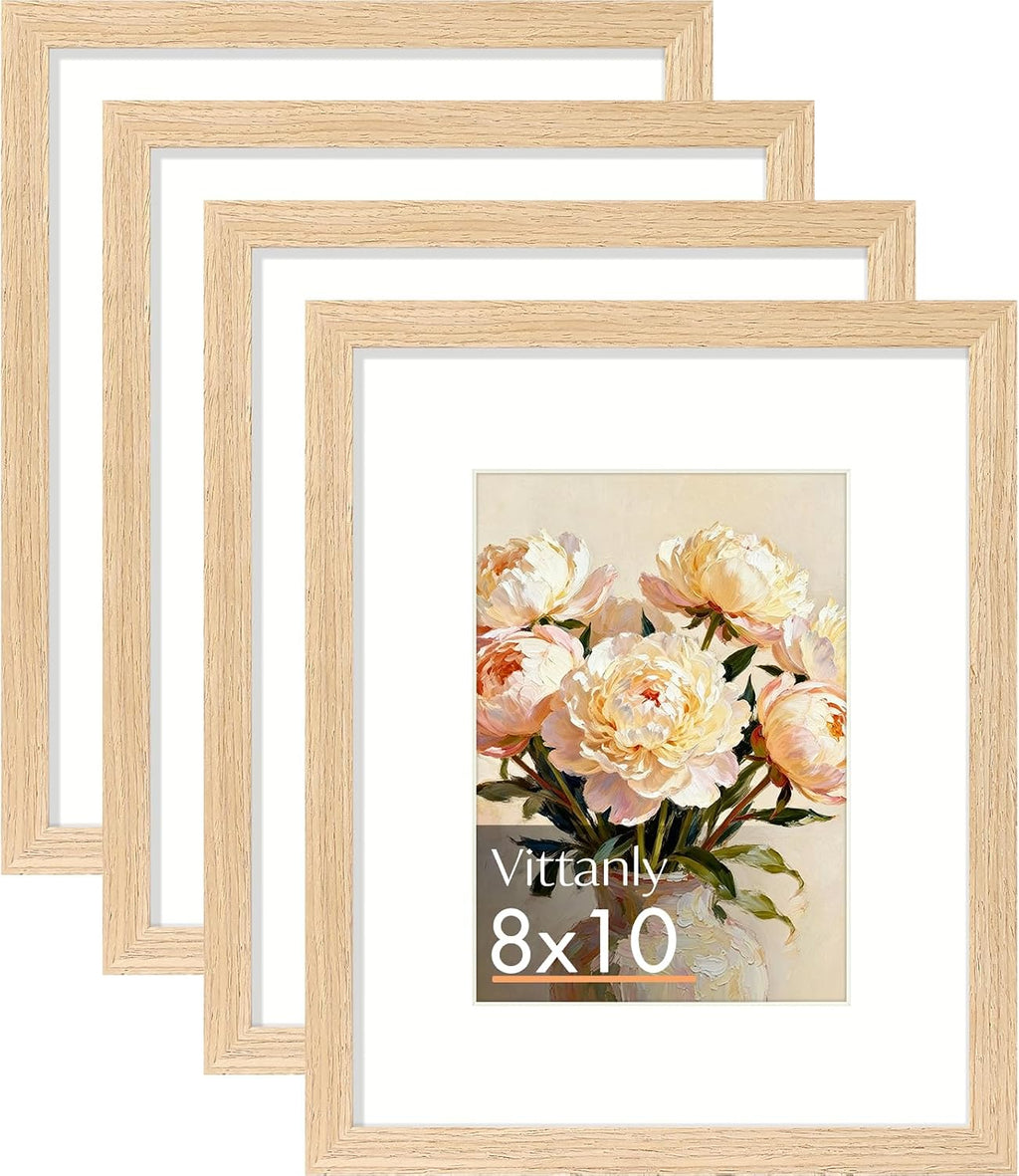 Vittanly Solid Wood 8x10 Picture Frame with Mat, Natural, 4 Pack