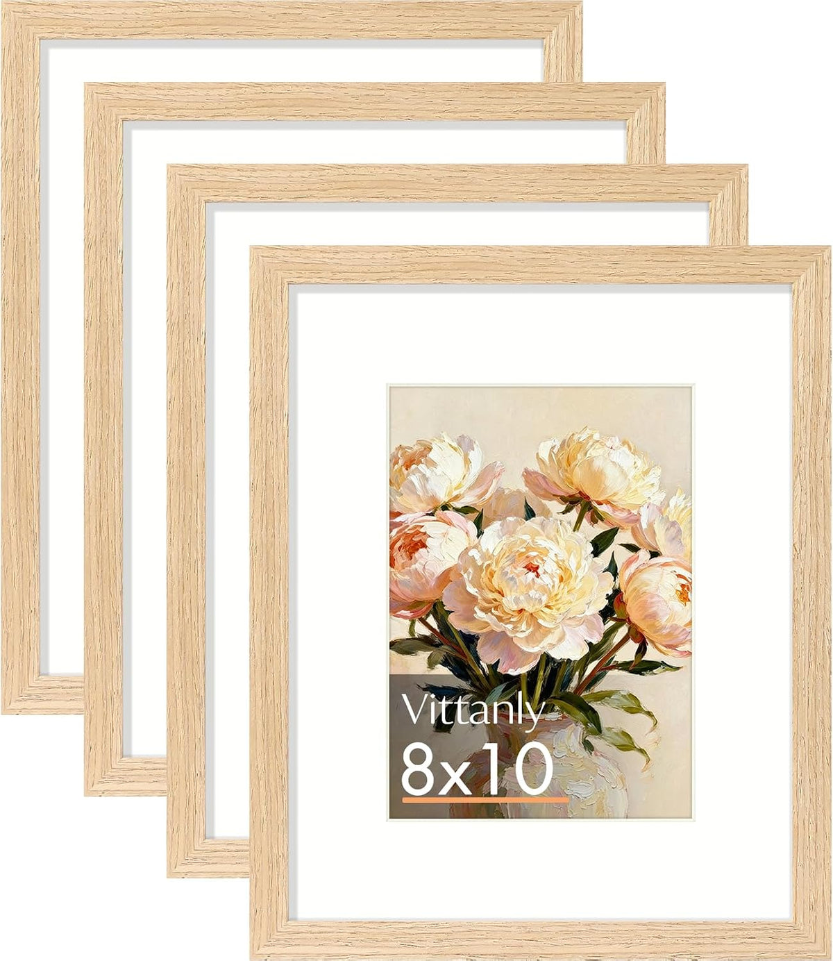 Vittanly Solid Wood 8x10 Picture Frame with Mat, Natural, 4 Pack