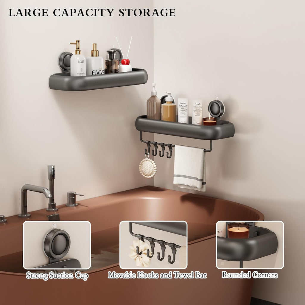 Shower Caddy Suction Cup, 2 Pack No Drilling Corner Shower Shelves, Rust Proof Bathroom Storage Organizer, Shower Corner Caddy with Removable Hooks and Towel Bar, Square, Grey