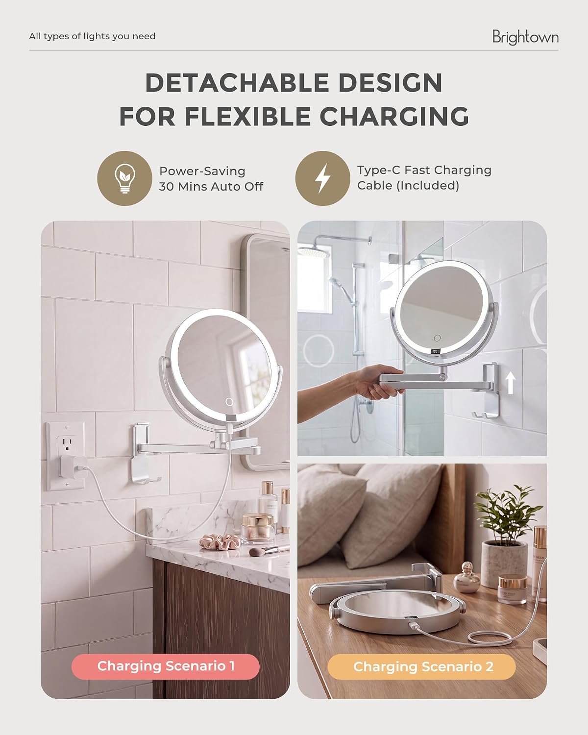 Brightown-Wall-Mounted-Lighted-Makeup-Mirror-Magnifying 1X/10X 8" with LED
