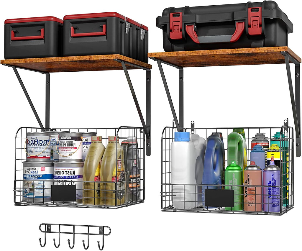 ThreeHio 2 Pack Garage Shelves Wall Mounted with Wire Baskets, Heavy Duty Garage Wall Shelving with Hooks, Wire Shelf Baskets Tool Organizer for Home Garden Garage Organization and Storage